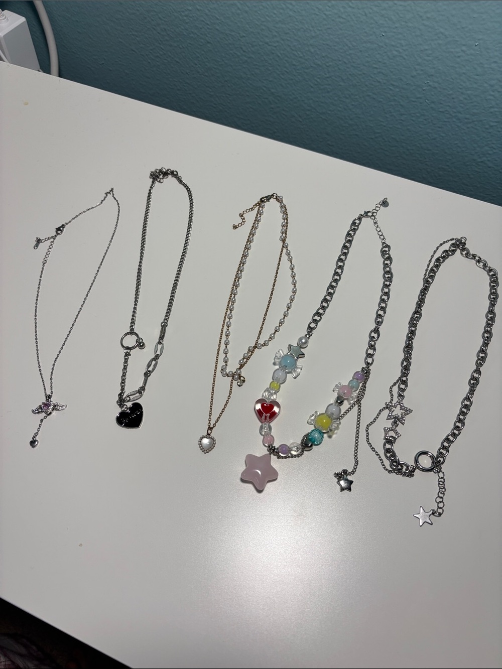 Collection of Necklaces Silver and Rose Gold Dangling Charms Beaded Charms Pearl